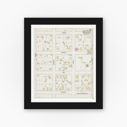 Old map wall art mockup — black gallery frame with white mat — Sanborn Fire Insurance Map from Beaumont, Jefferson County, Texas (1889), Sheet #0005