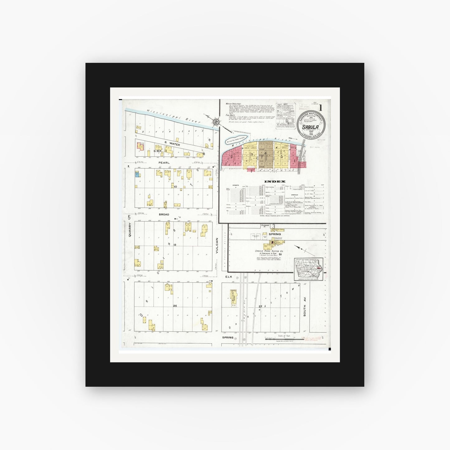 Old map wall art mockup — black gallery frame with white mat — Sanborn Fire Insurance Map from Sabula, Jackson County, Iowa (1918), Sheet #0001