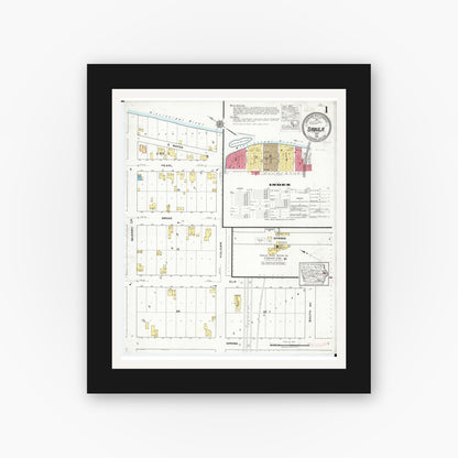 Old map wall art mockup — black gallery frame with white mat — Sanborn Fire Insurance Map from Sabula, Jackson County, Iowa (1918), Sheet #0001