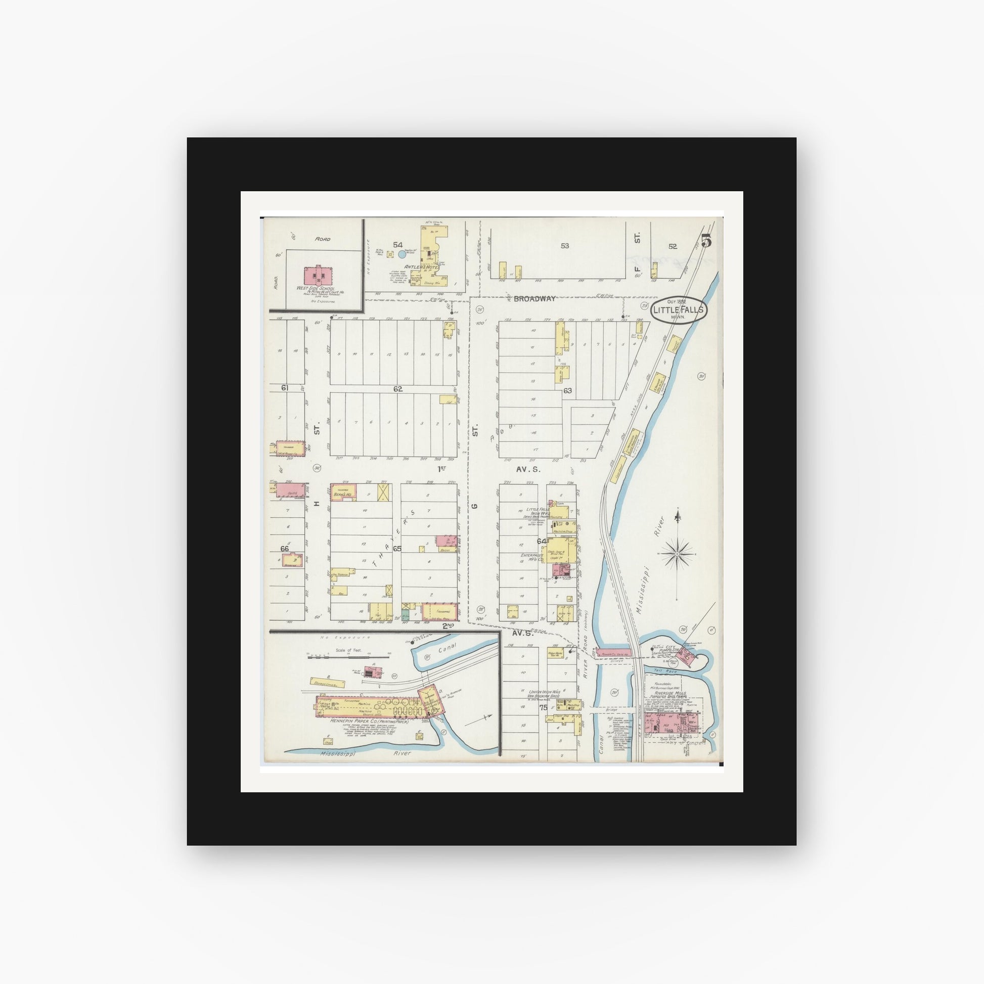 Old map wall art mockup — black gallery frame with white mat — Sanborn Fire Insurance Map from Little Falls, Morrison County, Minnesota (1892), Sheet #0005