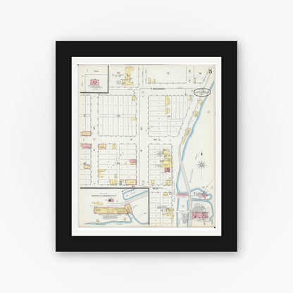 Old map wall art mockup — black gallery frame with white mat — Sanborn Fire Insurance Map from Little Falls, Morrison County, Minnesota (1892), Sheet #0005