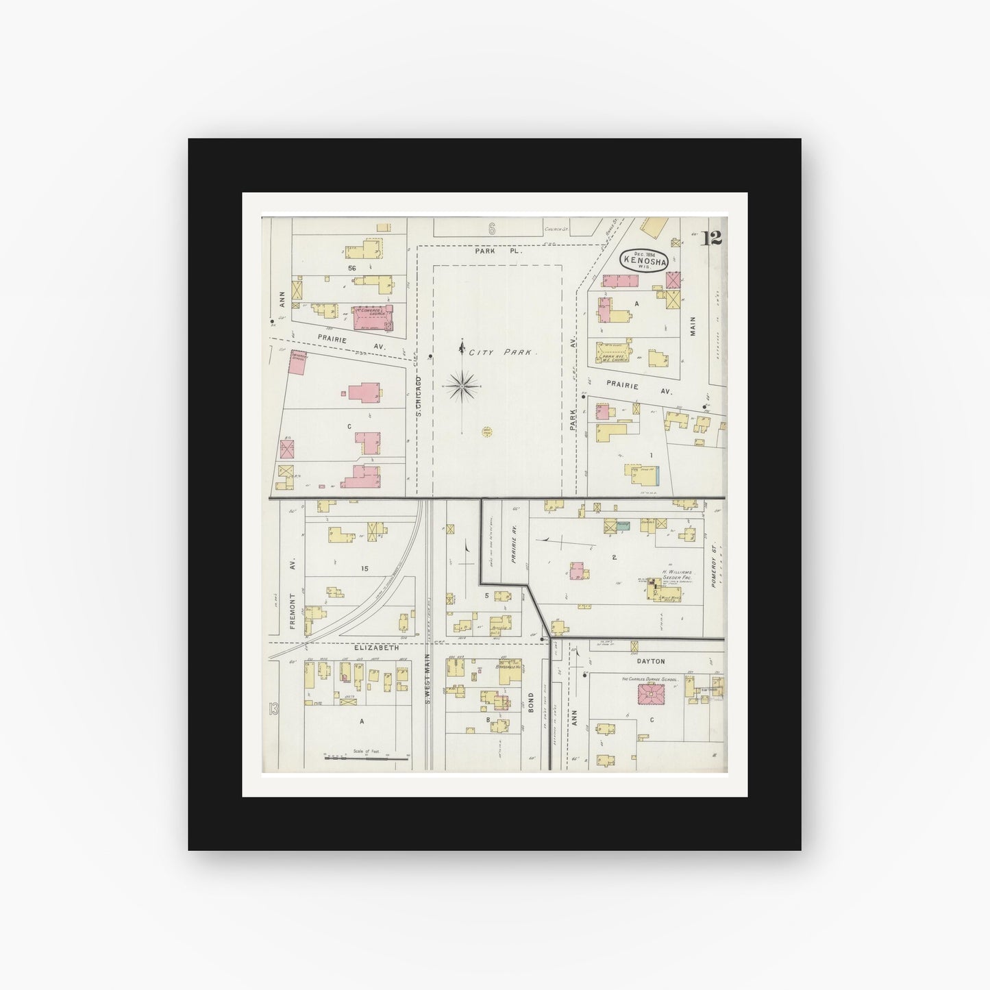 Old map wall art mockup — black gallery frame with white mat — Sanborn Fire Insurance Map from Kenosha, Kenosha County, Wisconsin (1894), Sheet #0012