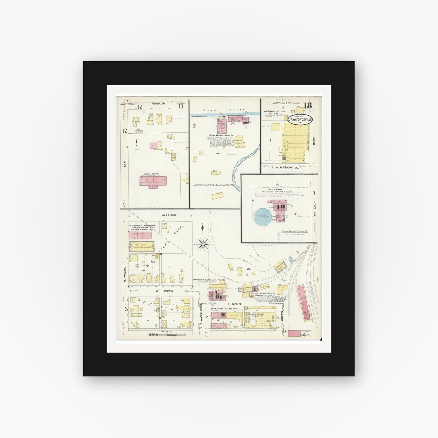 Old map wall art mockup — black gallery frame with white mat — Sanborn Fire Insurance Map from Crawfordsville, Montgomery County, Indiana (1907), Sheet #0018