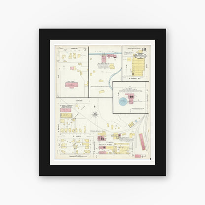 Old map wall art mockup — black gallery frame with white mat — Sanborn Fire Insurance Map from Crawfordsville, Montgomery County, Indiana (1907), Sheet #0018