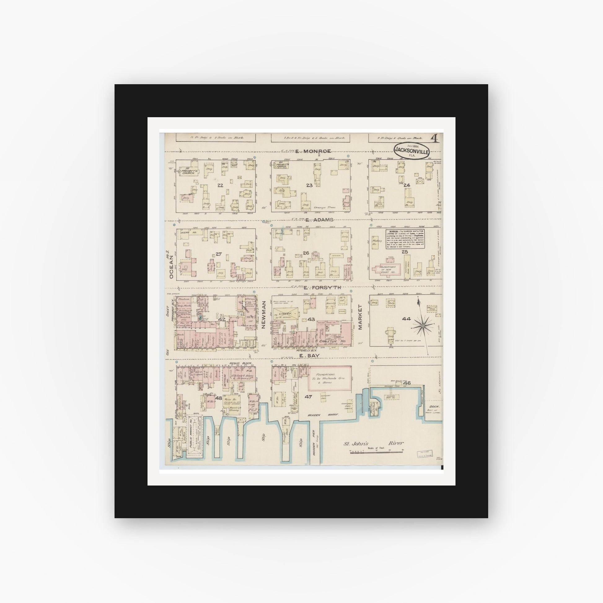 Old map wall art mockup — black gallery frame with white mat — Sanborn Fire Insurance Map from Jacksonville, Duval County, Florida (1884), Sheet #0004
