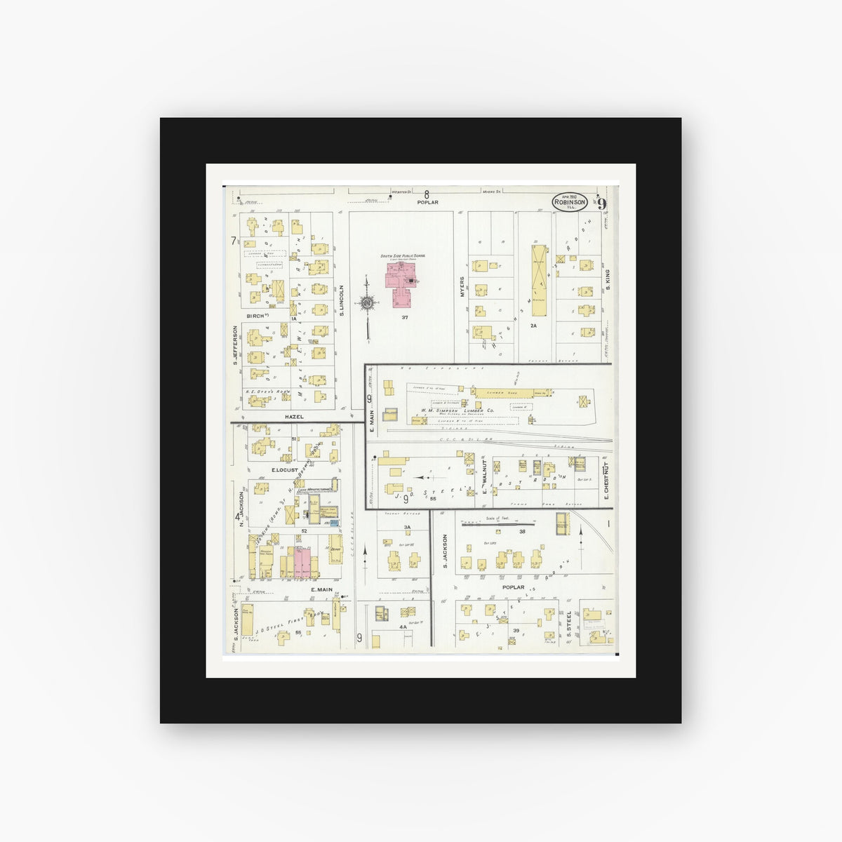 Old map wall art mockup — black gallery frame with white mat — Sanborn Fire Insurance Map from Robinson, Crawford County, Illinois (1910), Sheet #0009