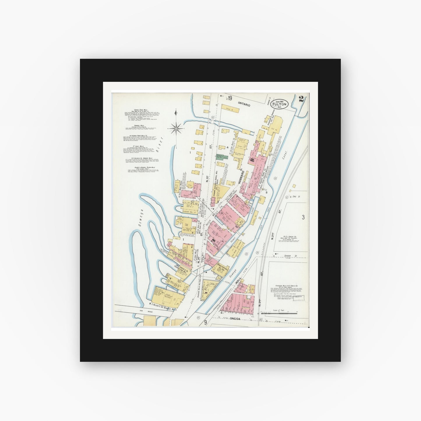 Old map wall art mockup — black gallery frame with white mat — Sanborn Fire Insurance Map from Fulton, Oswego County, New York (1901) - Complete Map Set