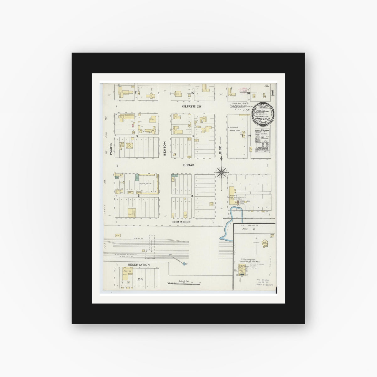 Old map wall art mockup — black gallery frame with white mat — Sanborn Fire Insurance Map from Mineola, Wood County, Texas (1891) - Complete Map Set