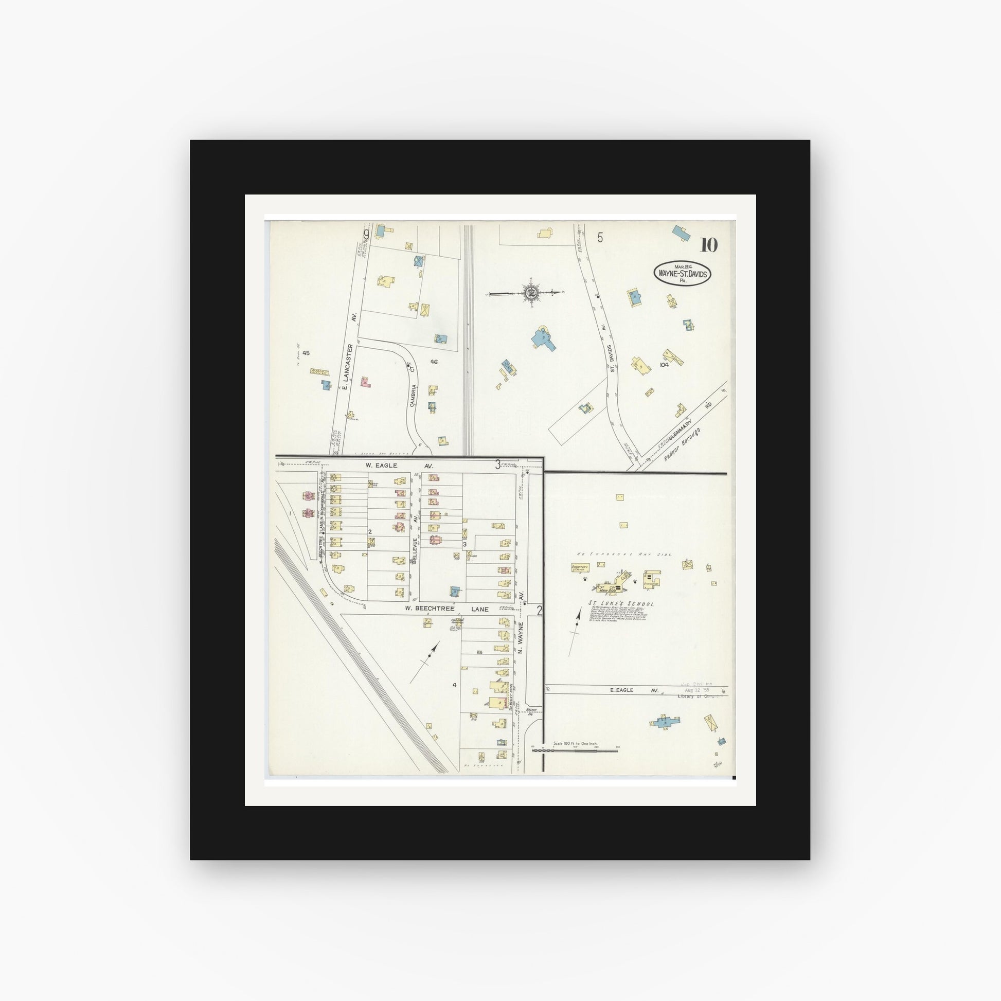 Old map wall art mockup — black gallery frame with white mat — Sanborn Fire Insurance Map from Wayne, Delaware County, Pennsylvania (1914), Sheet #0010