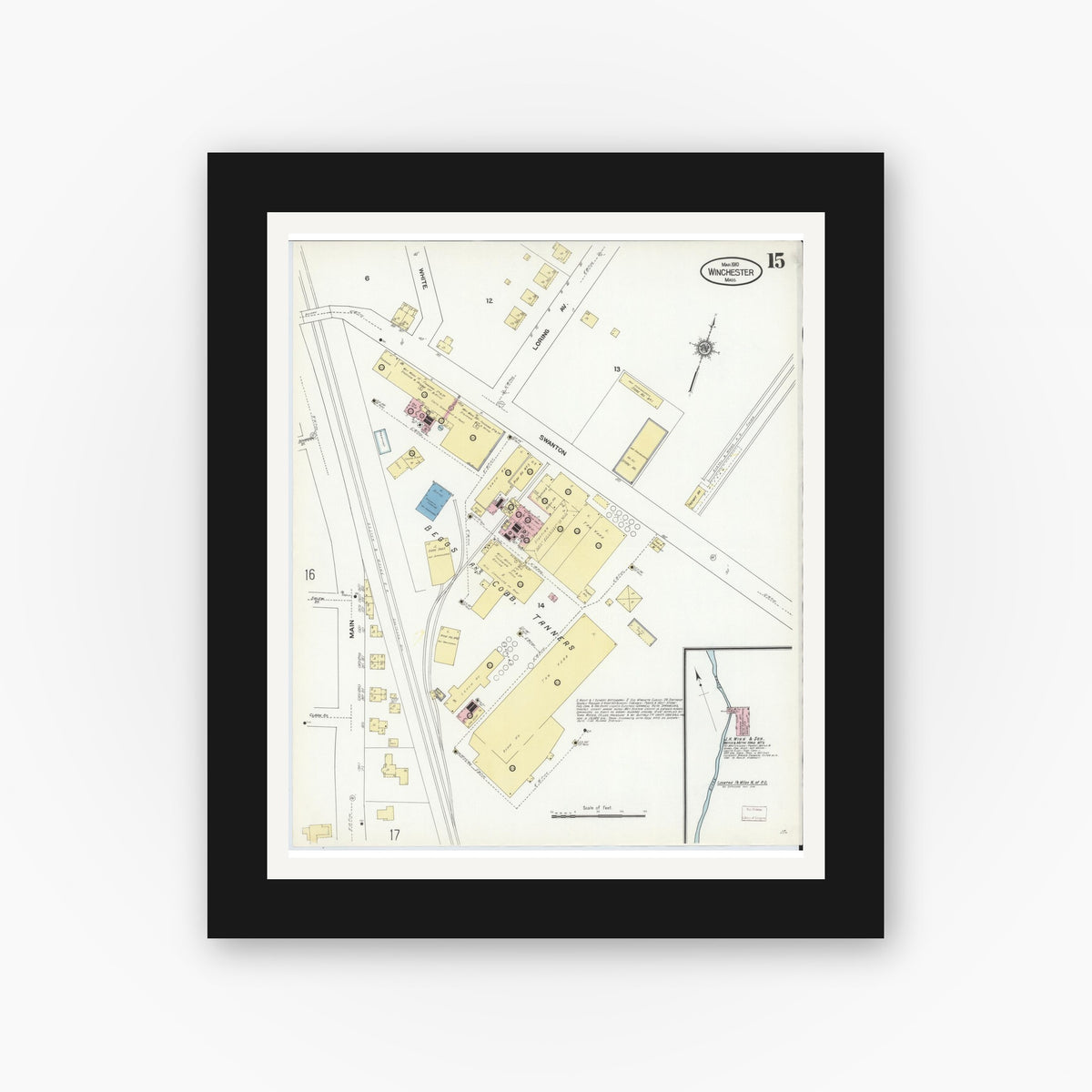 Old map wall art mockup — black gallery frame with white mat — Sanborn Fire Insurance Map from Winchester, Middlesex County, Massachusetts (1910), Sheet #0015