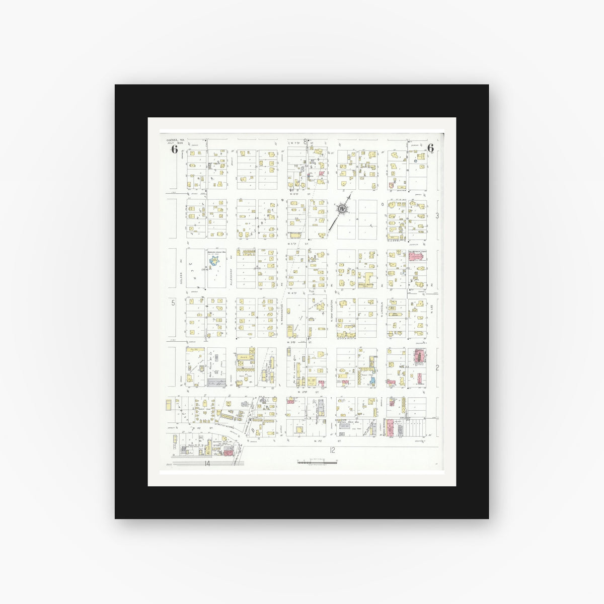 Old map wall art mockup — black gallery frame with white mat — Sanborn Fire Insurance Map from Odessa, Edger County, Texas (1939), Sheet #0006