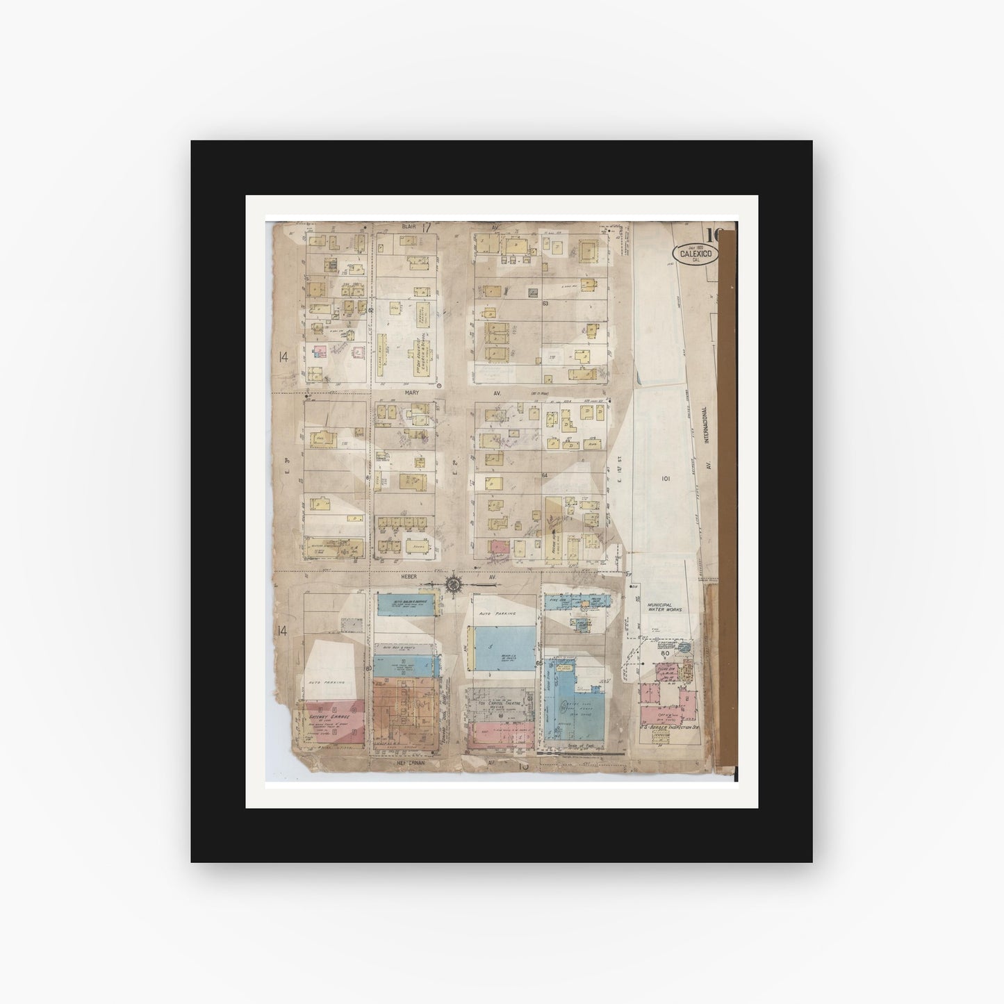 Old map wall art mockup — black gallery frame with white mat — Sanborn Fire Insurance Map from Calexico, Imperial County, California (1956), Sheet #0016