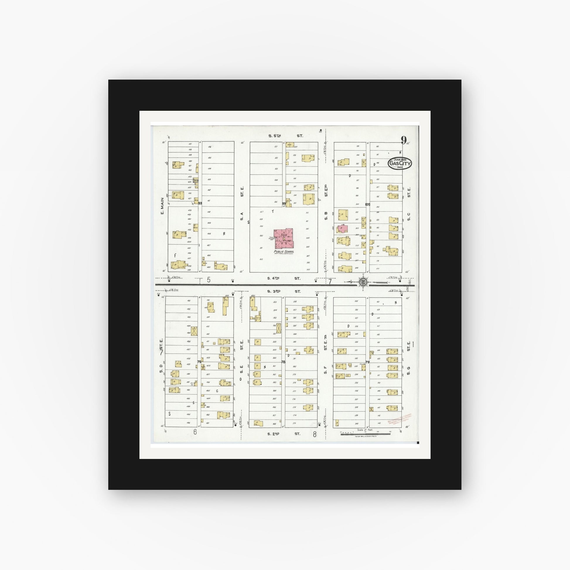 Old map wall art mockup — black gallery frame with white mat — Sanborn Fire Insurance Map from Gas City, Grant County, Indiana (1920), Sheet #0009