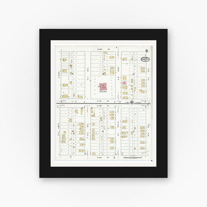 Old map wall art mockup — black gallery frame with white mat — Sanborn Fire Insurance Map from Gas City, Grant County, Indiana (1920), Sheet #0009