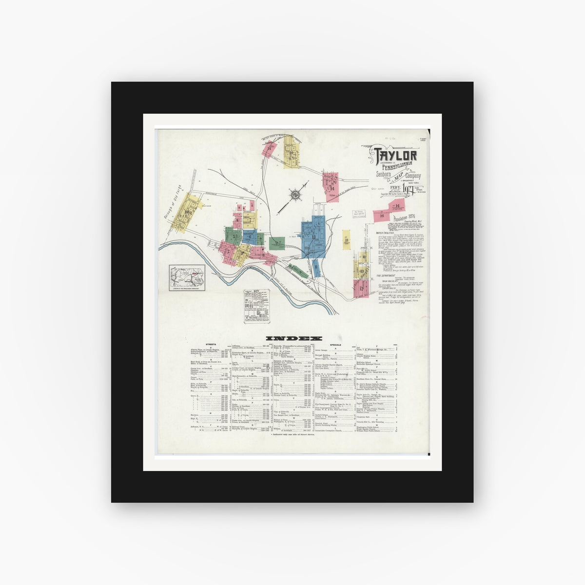 Old map wall art mockup — black gallery frame with white mat — Sanborn Fire Insurance Map from Taylor, Lackawanna County, Pennsylvania (1921) - Complete Map Set