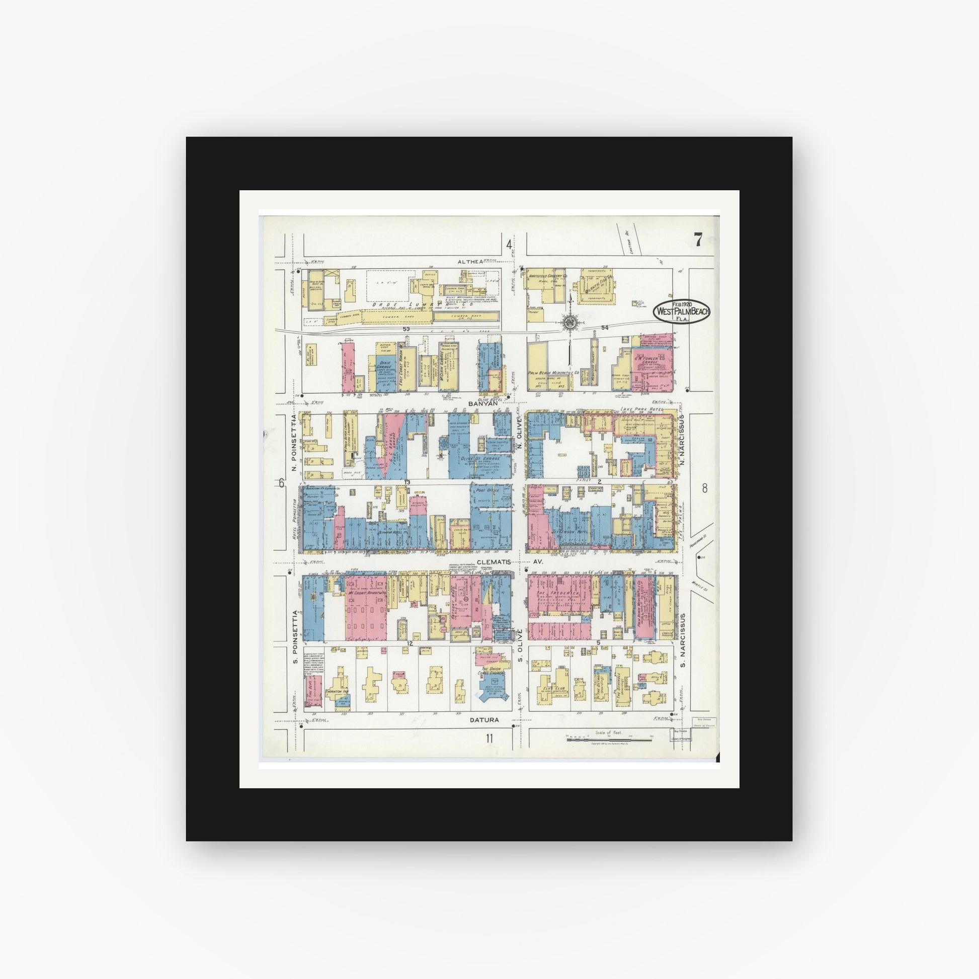 Old map wall art mockup — black gallery frame with white mat — Sanborn Fire Insurance Map from West Palm Beach, Dade County, Florida (1920), Sheet #0007