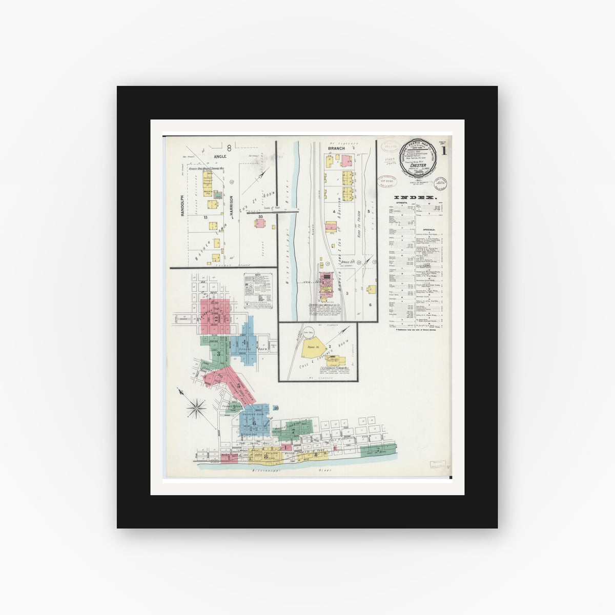Old map wall art mockup — black gallery frame with white mat — Sanborn Fire Insurance Map from Chester, Randolph County, Illinois (1899) - Complete Map Set