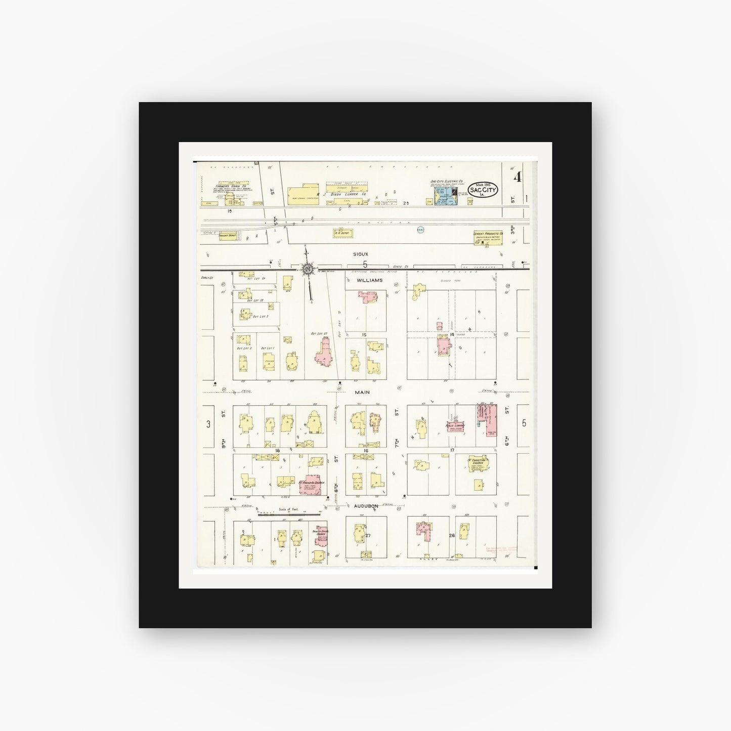 Old map wall art mockup — black gallery frame with white mat — Sanborn Fire Insurance Map from Sac City, Sac County, Iowa (1915), Sheet #0004