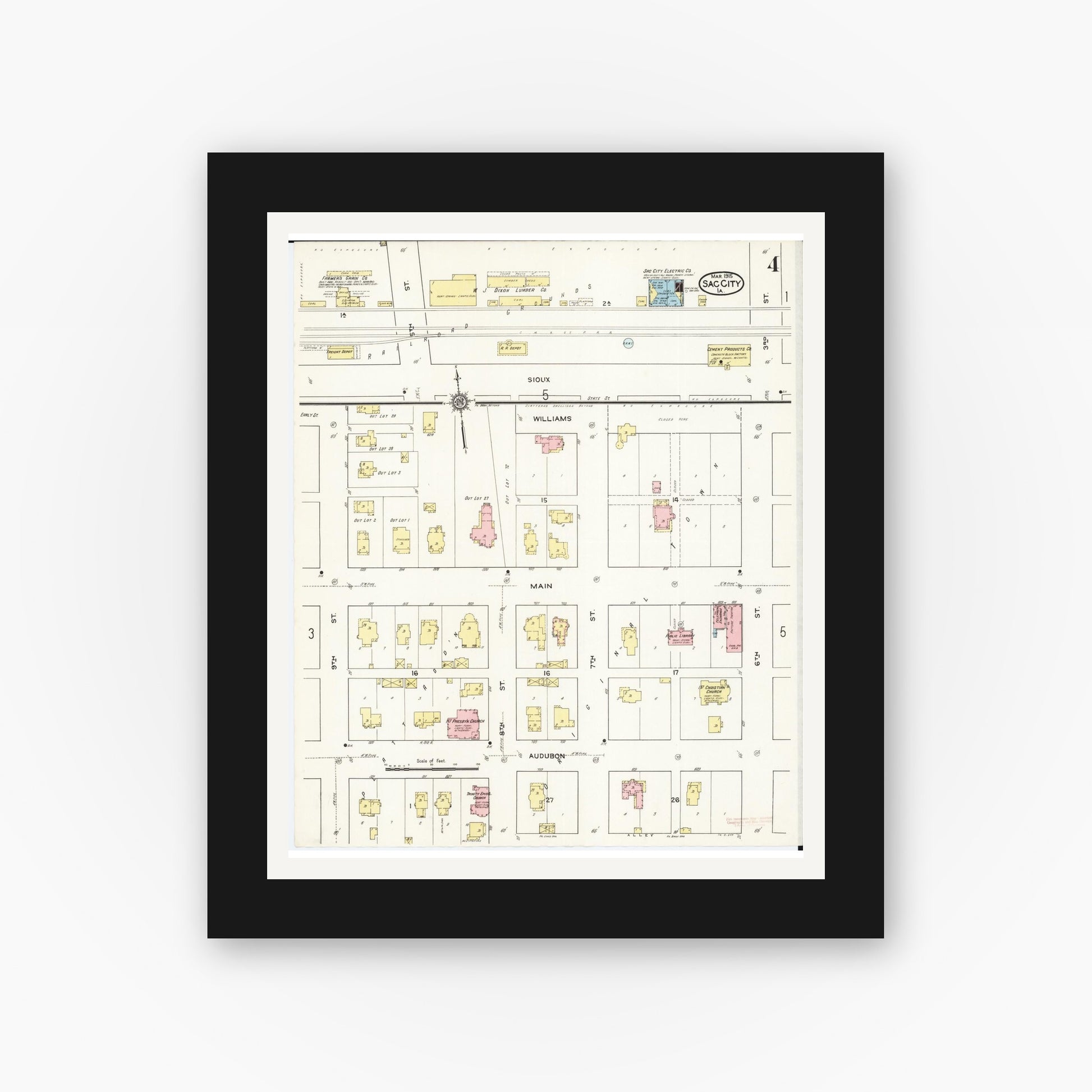 Old map wall art mockup — black gallery frame with white mat — Sanborn Fire Insurance Map from Sac City, Sac County, Iowa (1915), Sheet #0004