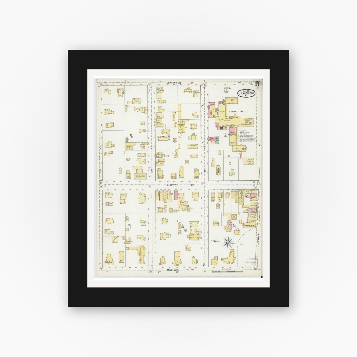 Old map wall art mockup — black gallery frame with white mat — Sanborn Fire Insurance Map from Lakewood, Ocean County, New Jersey (1895), Sheet #0005