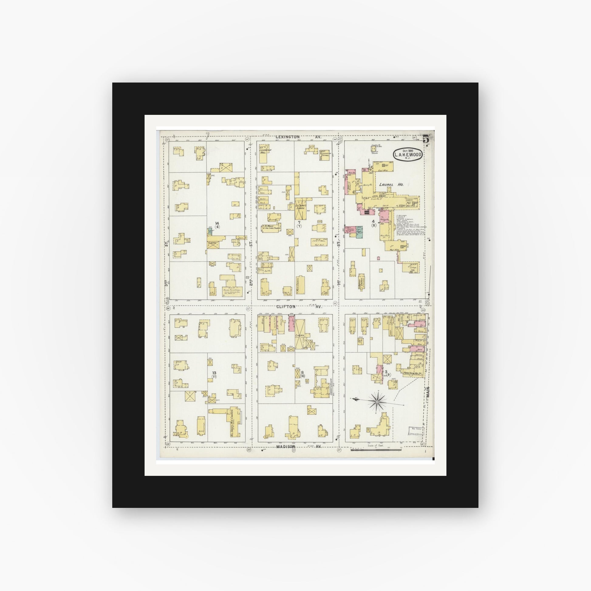 Old map wall art mockup — black gallery frame with white mat — Sanborn Fire Insurance Map from Lakewood, Ocean County, New Jersey (1895), Sheet #0005