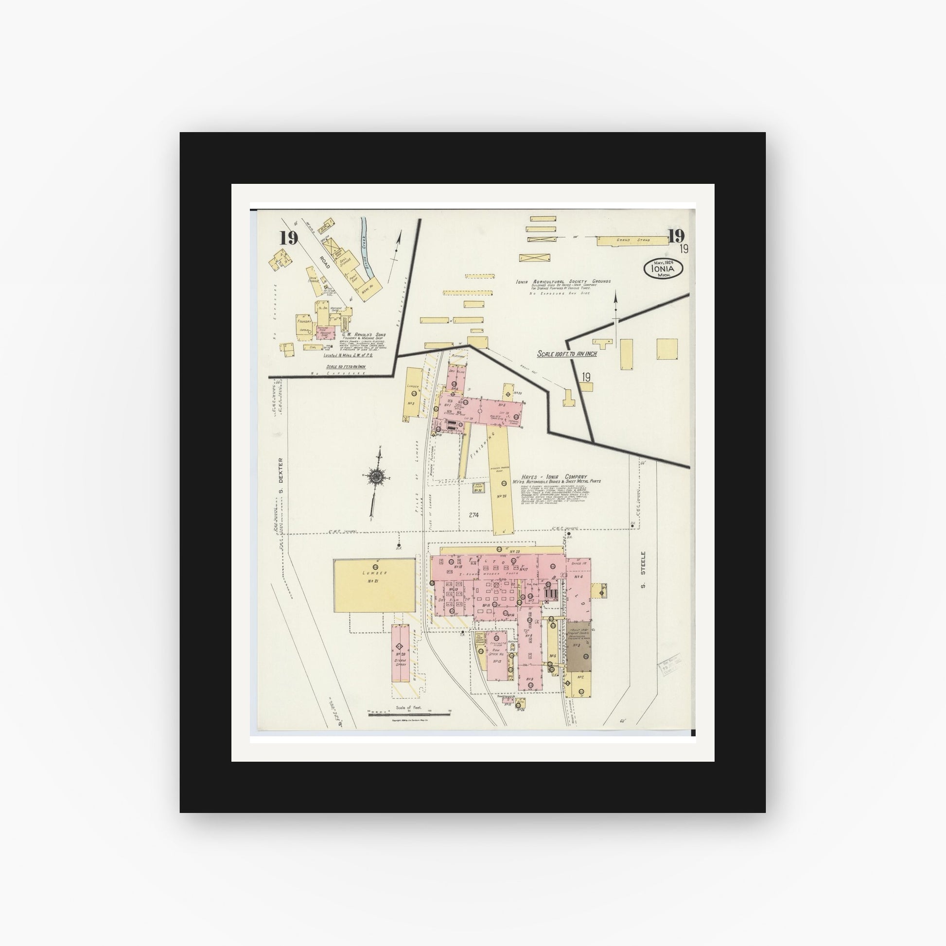 Old map wall art mockup — black gallery frame with white mat — Sanborn Fire Insurance Map from Ionia, Ionia County, Michigan (1924), Sheet #0019