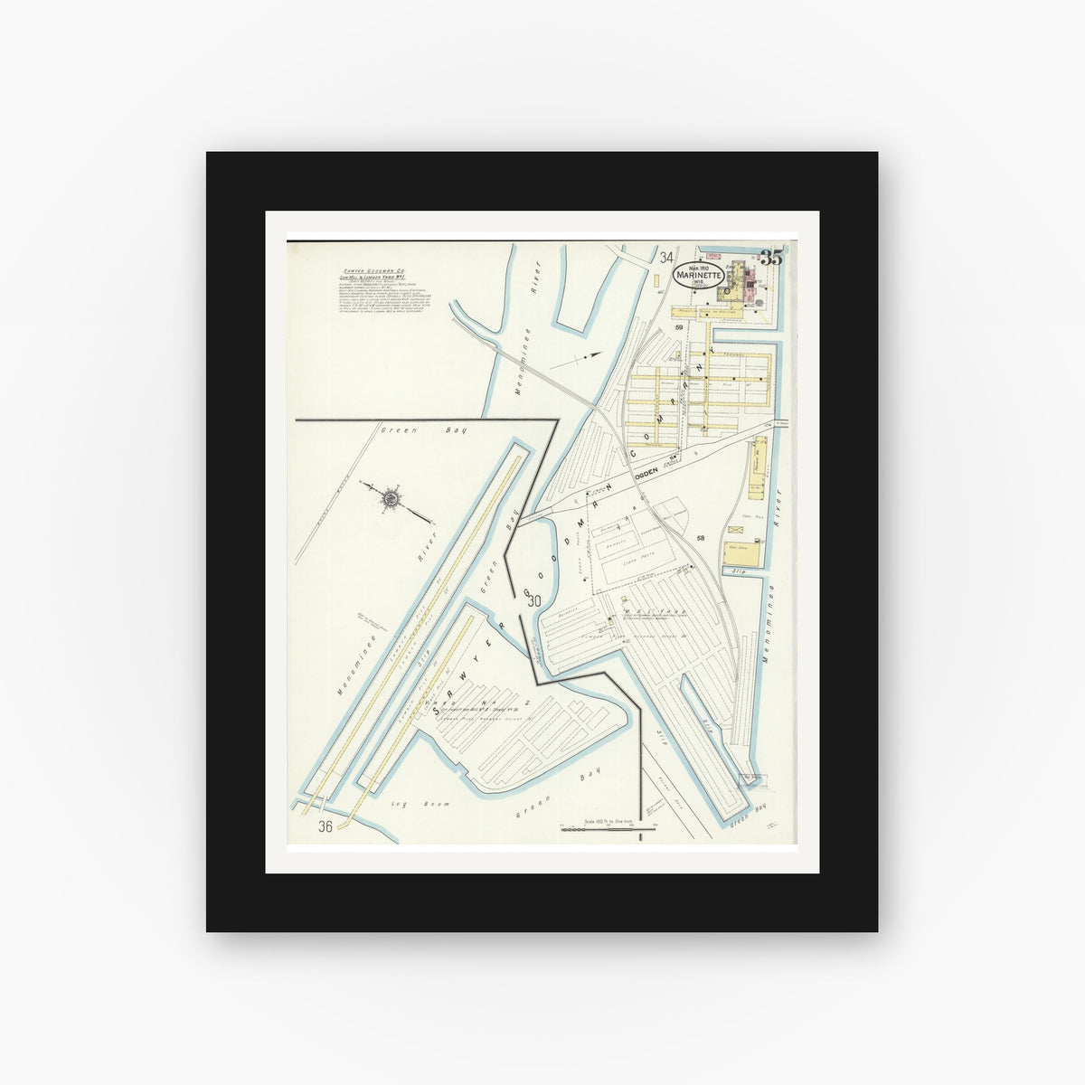 Old map wall art mockup — black gallery frame with white mat — Sanborn Fire Insurance Map from Marinette, Marinette County, Wisconsin (1910), Sheet #0035