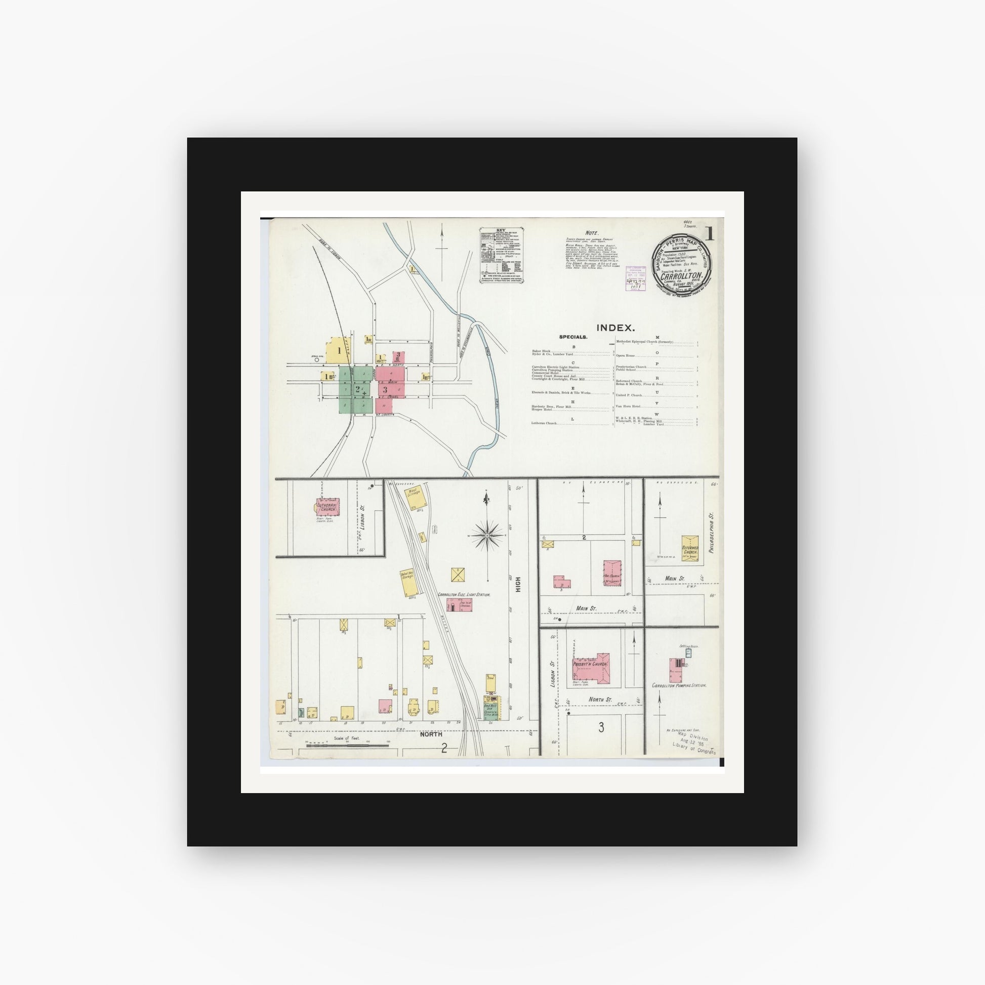 Old map wall art mockup — black gallery frame with white mat — Sanborn Fire Insurance Map from Carrollton, Carroll County, Ohio (1901), Sheet #0001