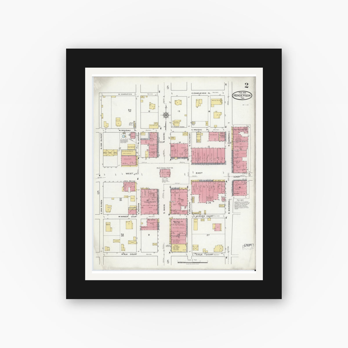 Old map wall art mockup — black gallery frame with white mat — Sanborn Fire Insurance Map from Henderson, Rusk County, Texas (1919), Sheet #0002