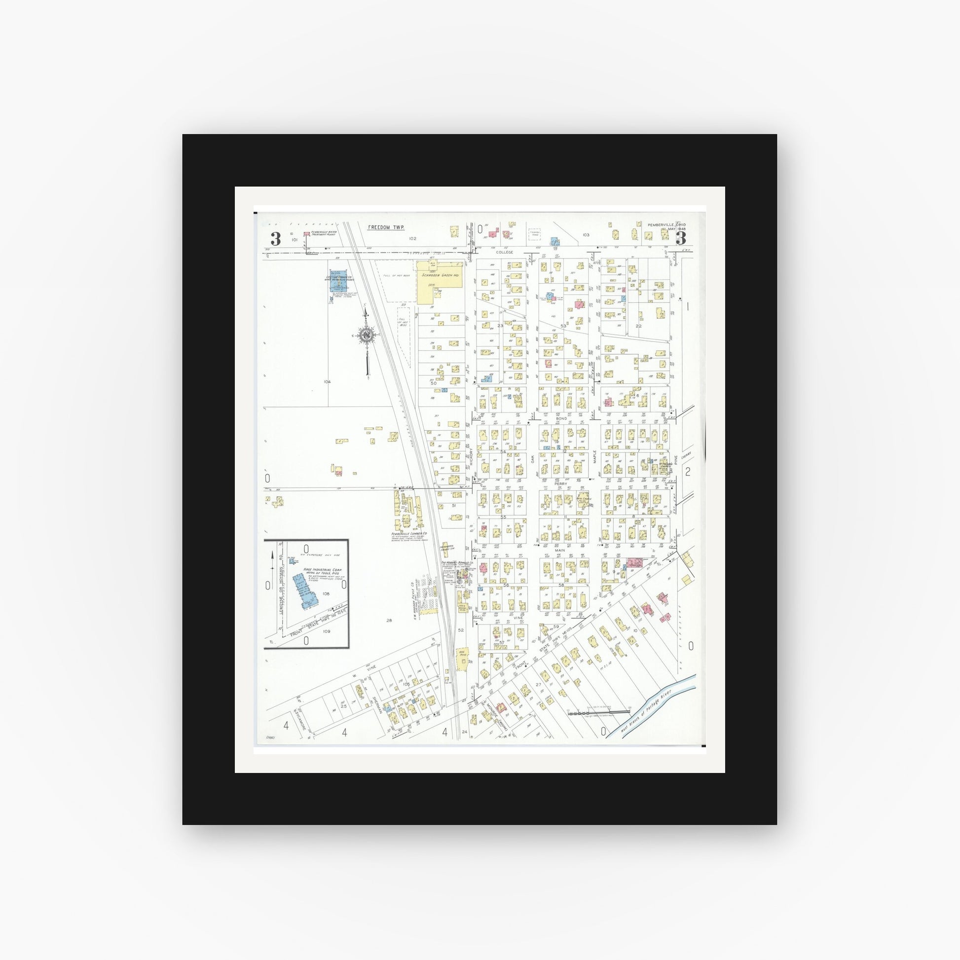 Old map wall art mockup — black gallery frame with white mat — Sanborn Fire Insurance Map from Pemberville, Wood County, Ohio (1948), Sheet #0003