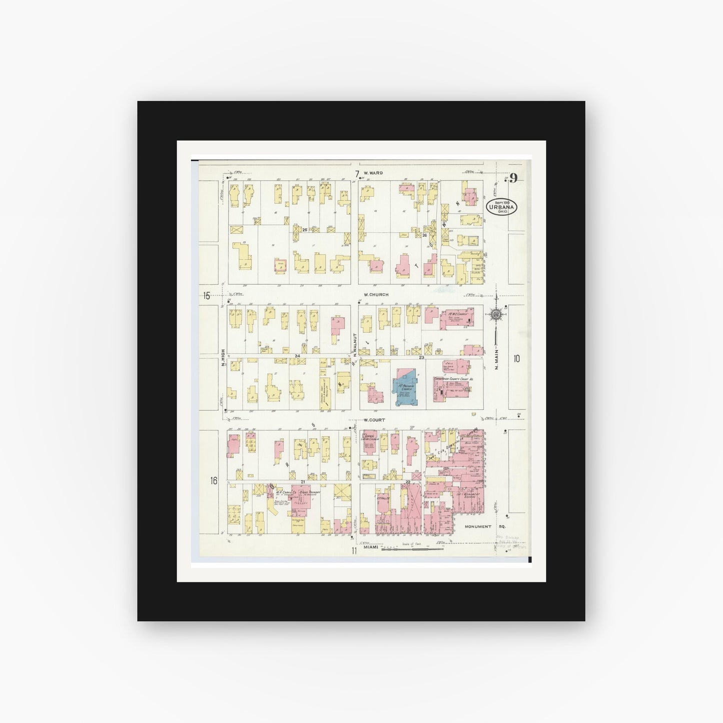 Old map wall art mockup — black gallery frame with white mat — Sanborn Fire Insurance Map from Urbana, Champaign County, Ohio (1910), Sheet #0009