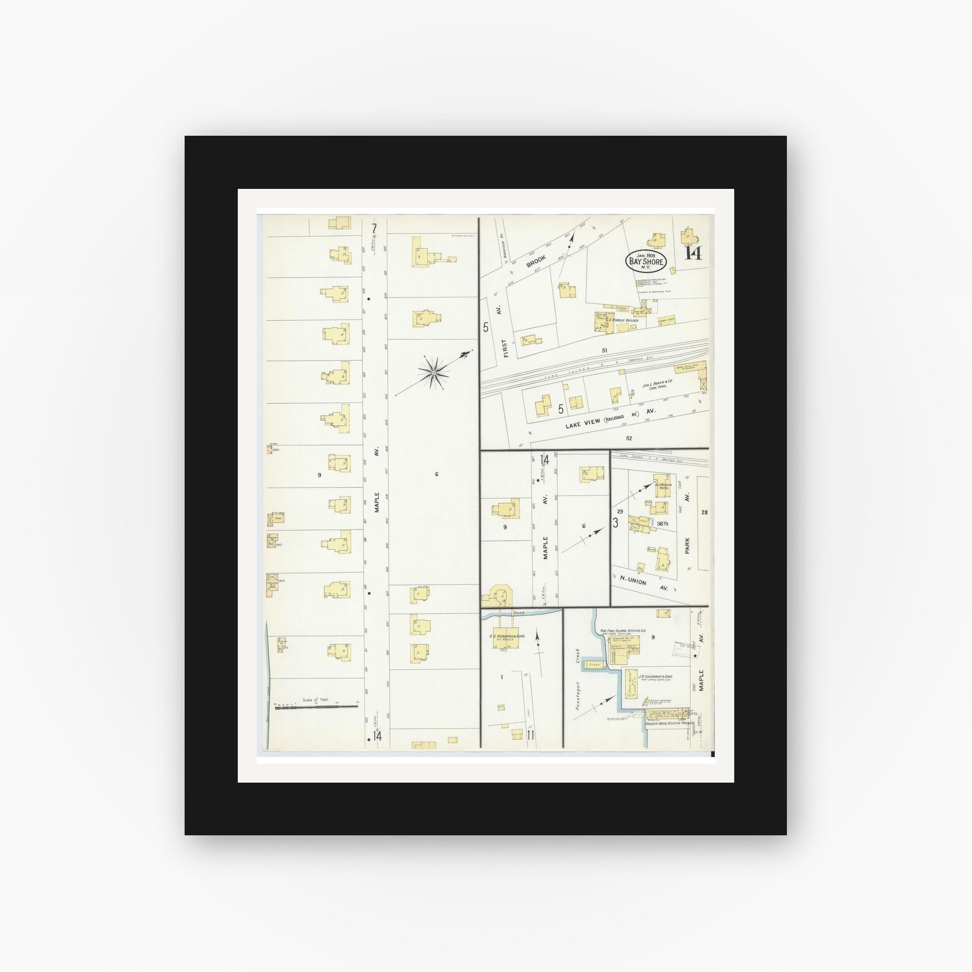 Old map wall art mockup — black gallery frame with white mat — Sanborn Fire Insurance Map from Bay Shore, Suffolk County, New York (1909), Sheet #0014