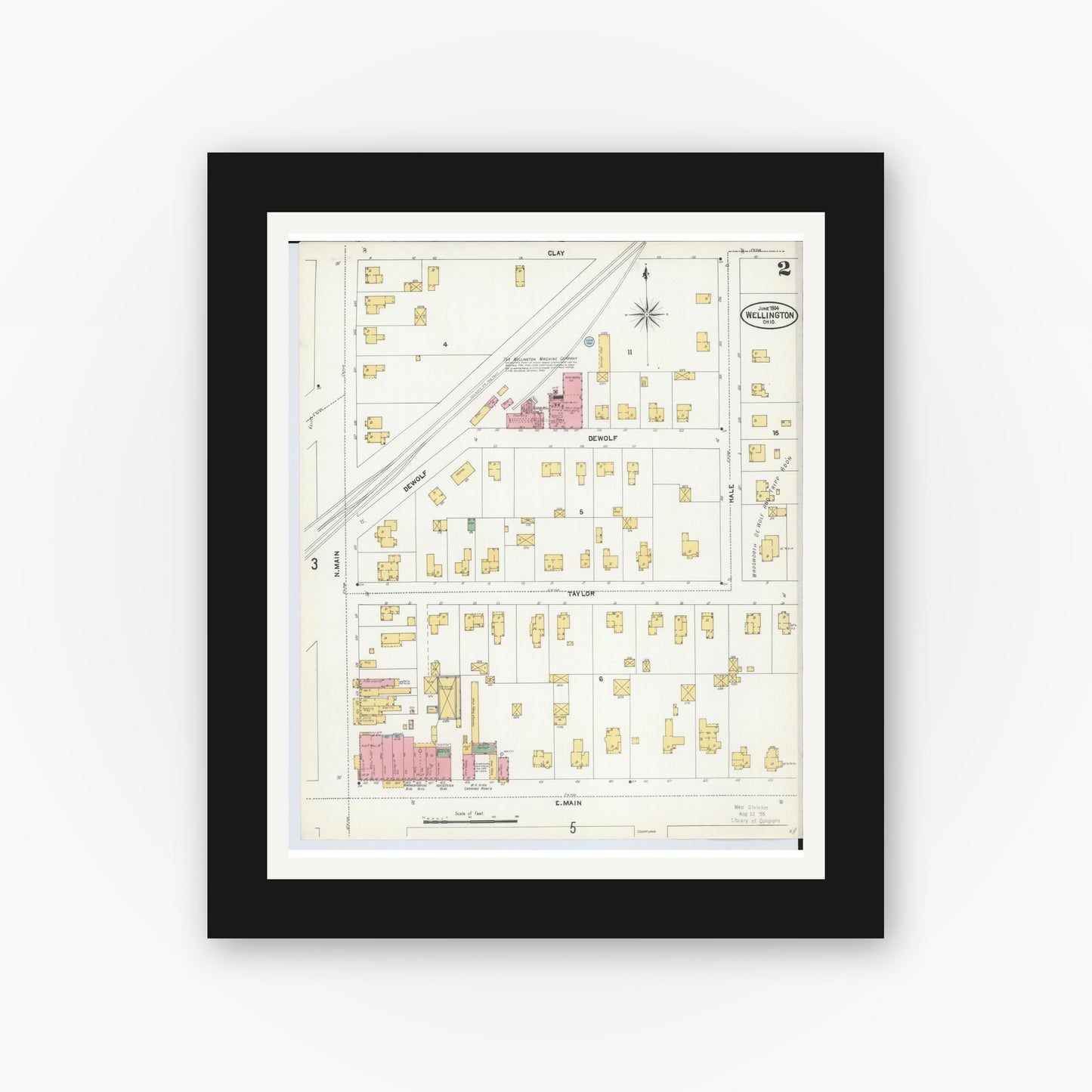 Old map wall art mockup — black gallery frame with white mat — Sanborn Fire Insurance Map from Wellington, Lorain County, Ohio (1904), Sheet #0002