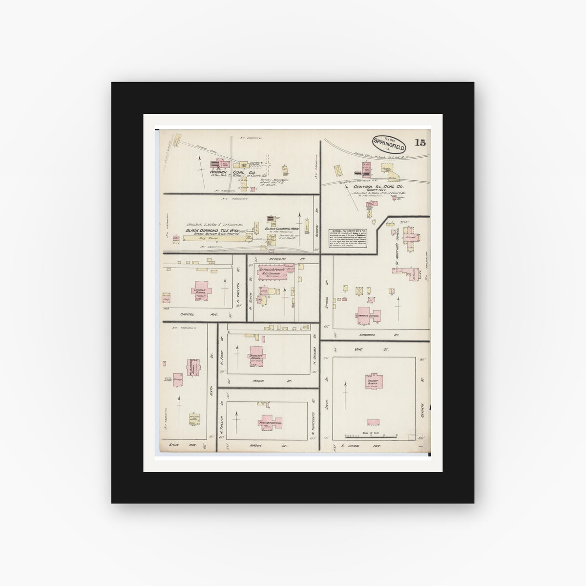 Old map wall art mockup — black gallery frame with white mat — Sanborn Fire Insurance Map from Springfield, Sangamon County, Illinois (1884), Sheet #0015
