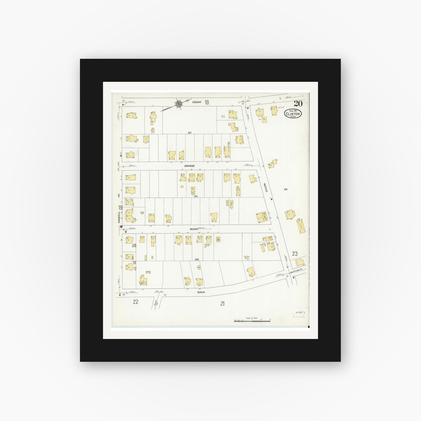 Old map wall art mockup — black gallery frame with white mat — Sanborn Fire Insurance Map from Clinton, Worcester County, Massachusetts (1911), Sheet #0020