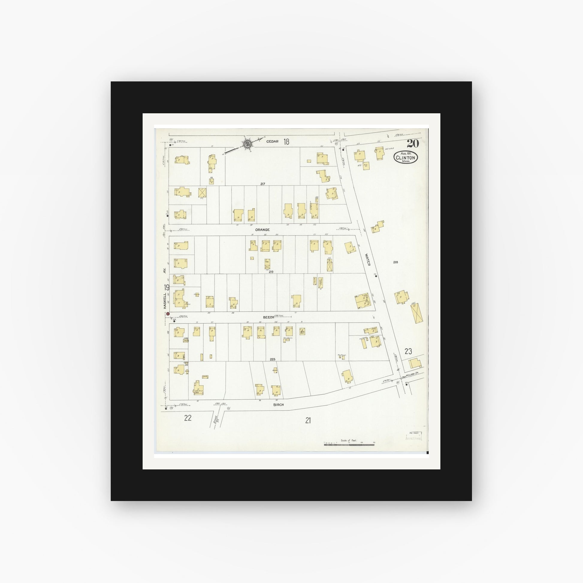 Old map wall art mockup — black gallery frame with white mat — Sanborn Fire Insurance Map from Clinton, Worcester County, Massachusetts (1911), Sheet #0020