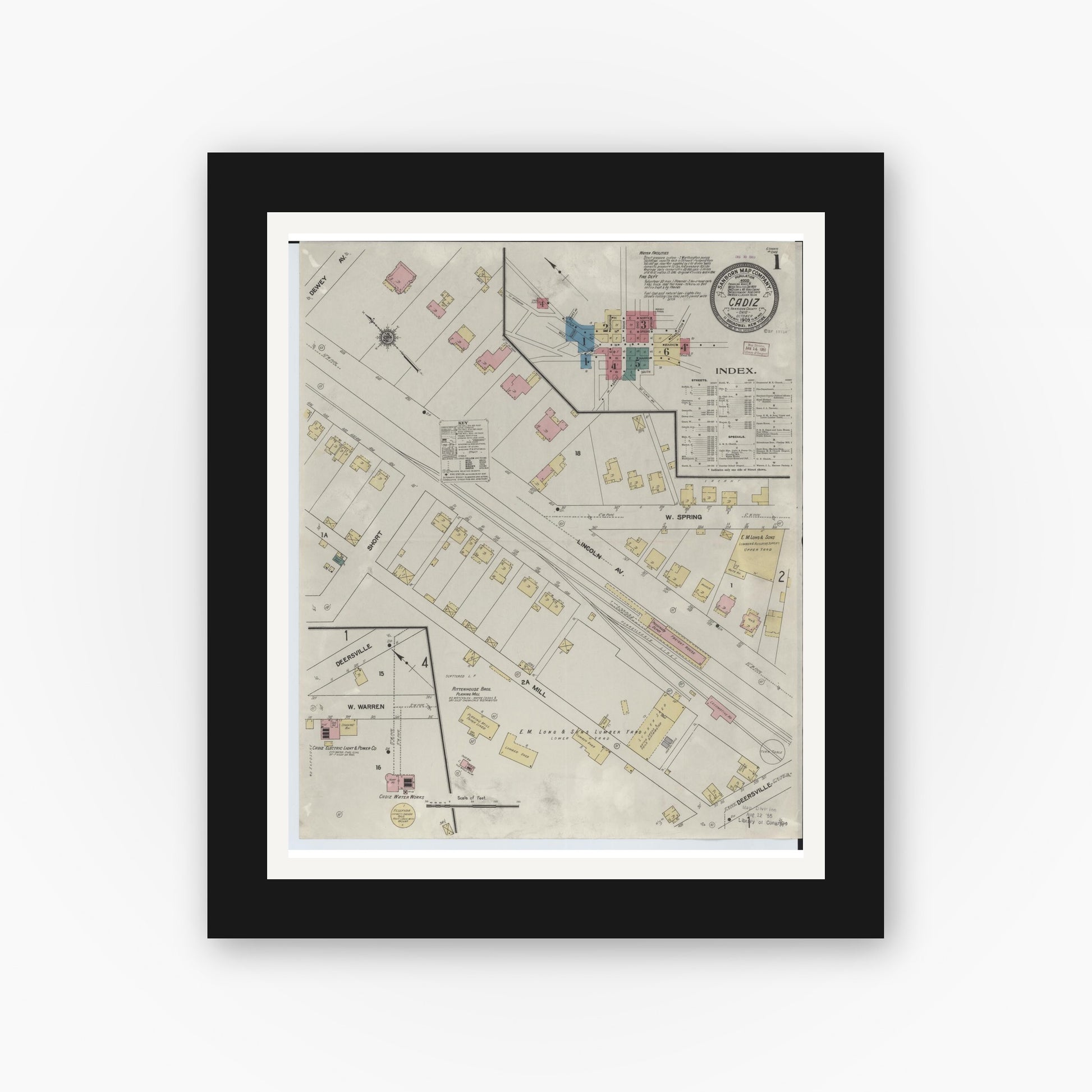 Old map wall art mockup — black gallery frame with white mat — Sanborn Fire Insurance Map from Cadiz, Harrison County, Ohio (1909) - Complete Map Set