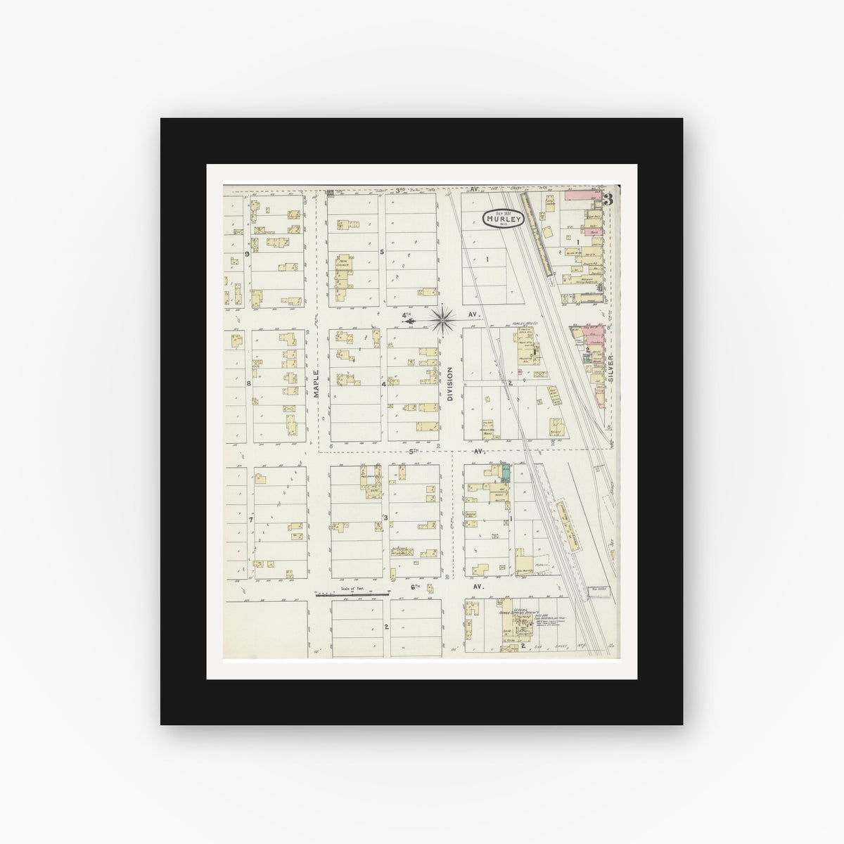 Old map wall art mockup — black gallery frame with white mat — Sanborn Fire Insurance Map from Hurley, Iron County, Wisconsin (1891), Sheet #0003