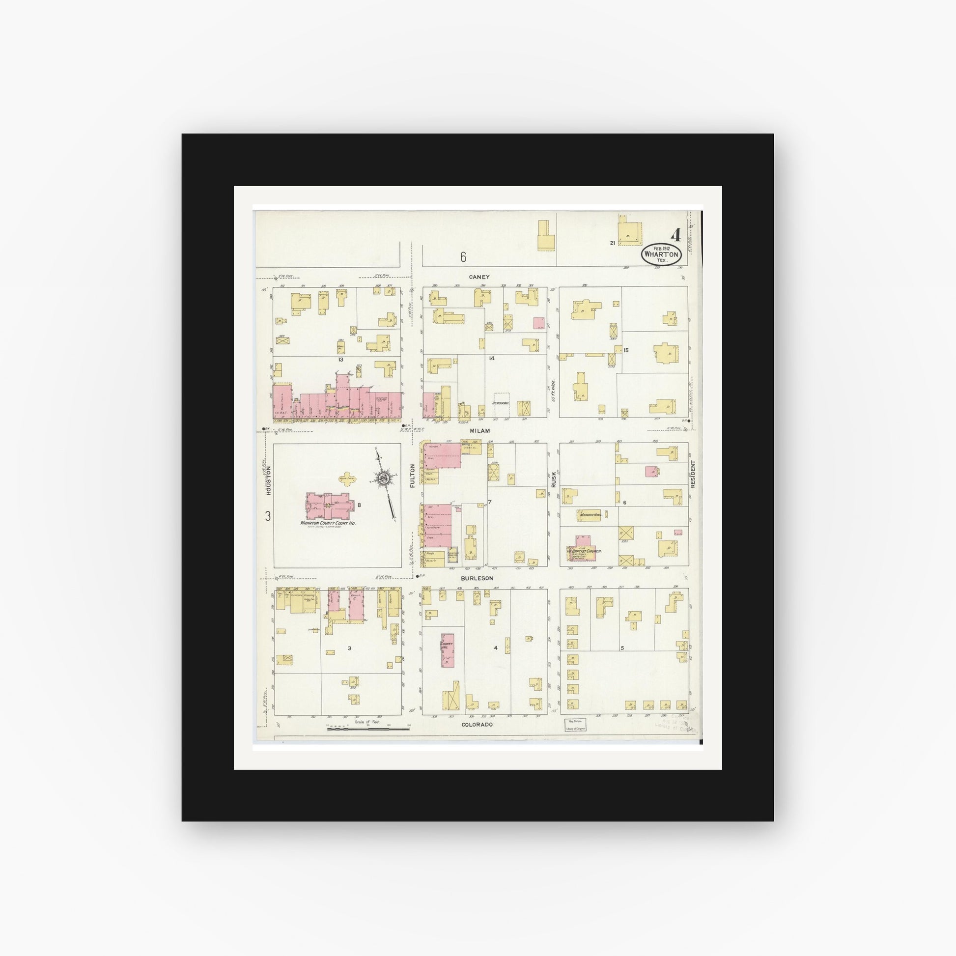Old map wall art mockup — black gallery frame with white mat — Sanborn Fire Insurance Map from Wharton, Wharton County, Texas (1912), Sheet #0005