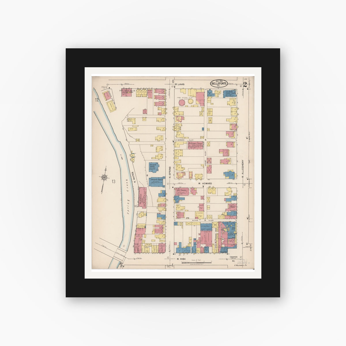 Old map wall art mockup — black gallery frame with white mat — Sanborn Fire Insurance Map from Bellefonte, Centre County, Pennsylvania (1922), Sheet #0002