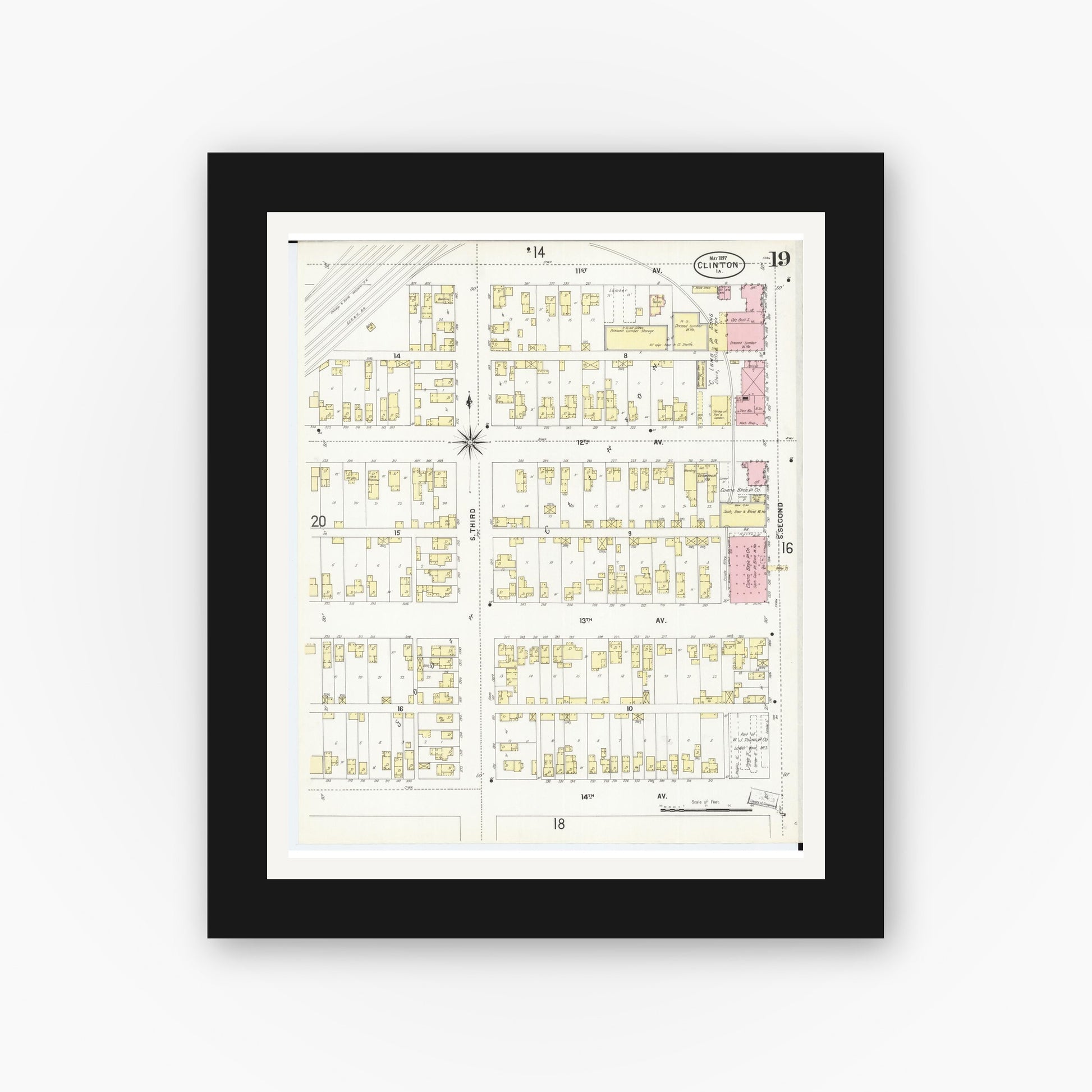 Old map wall art mockup — black gallery frame with white mat — Sanborn Fire Insurance Map from Clinton, Clinton County, Iowa (1897), Sheet #0019