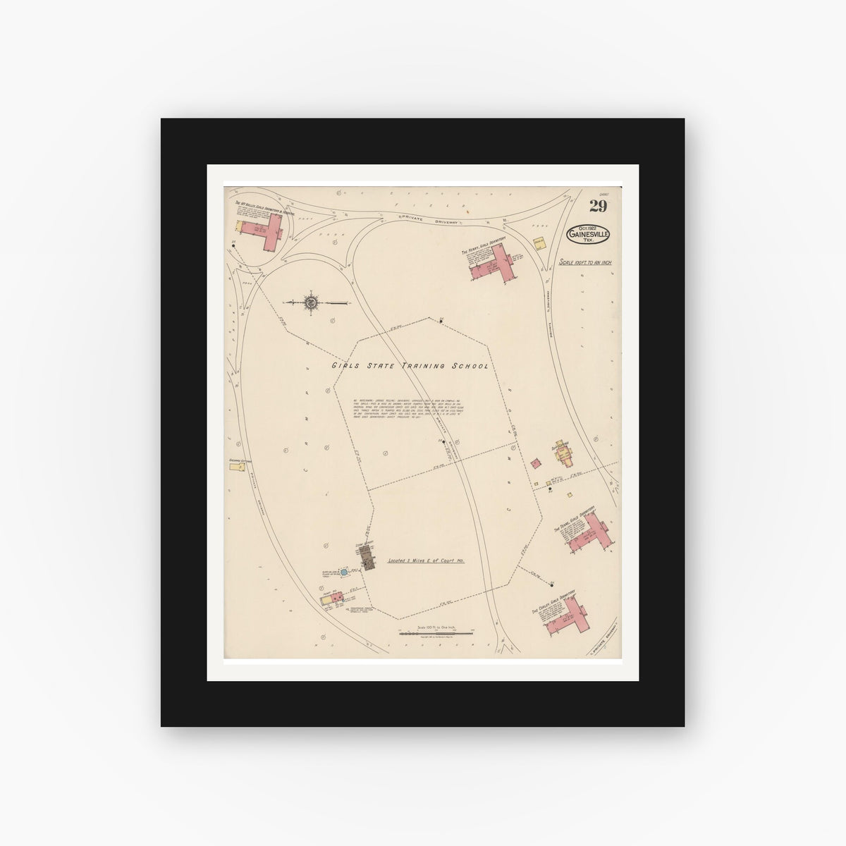 Old map wall art mockup — black gallery frame with white mat — Sanborn Fire Insurance Map from Gainesville, Cooke County, Texas (1922), Sheet #0029