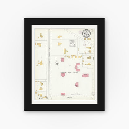 Old map wall art mockup — black gallery frame with white mat — Sanborn Fire Insurance Map from Ashland, Hanover County, Virginia (1908), Sheet #0001