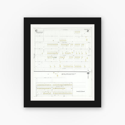 Old map wall art mockup — black gallery frame with white mat — Sanborn Fire Insurance Map from Grand Prairie, Dallas County, Texas (1943), Sheet #0017