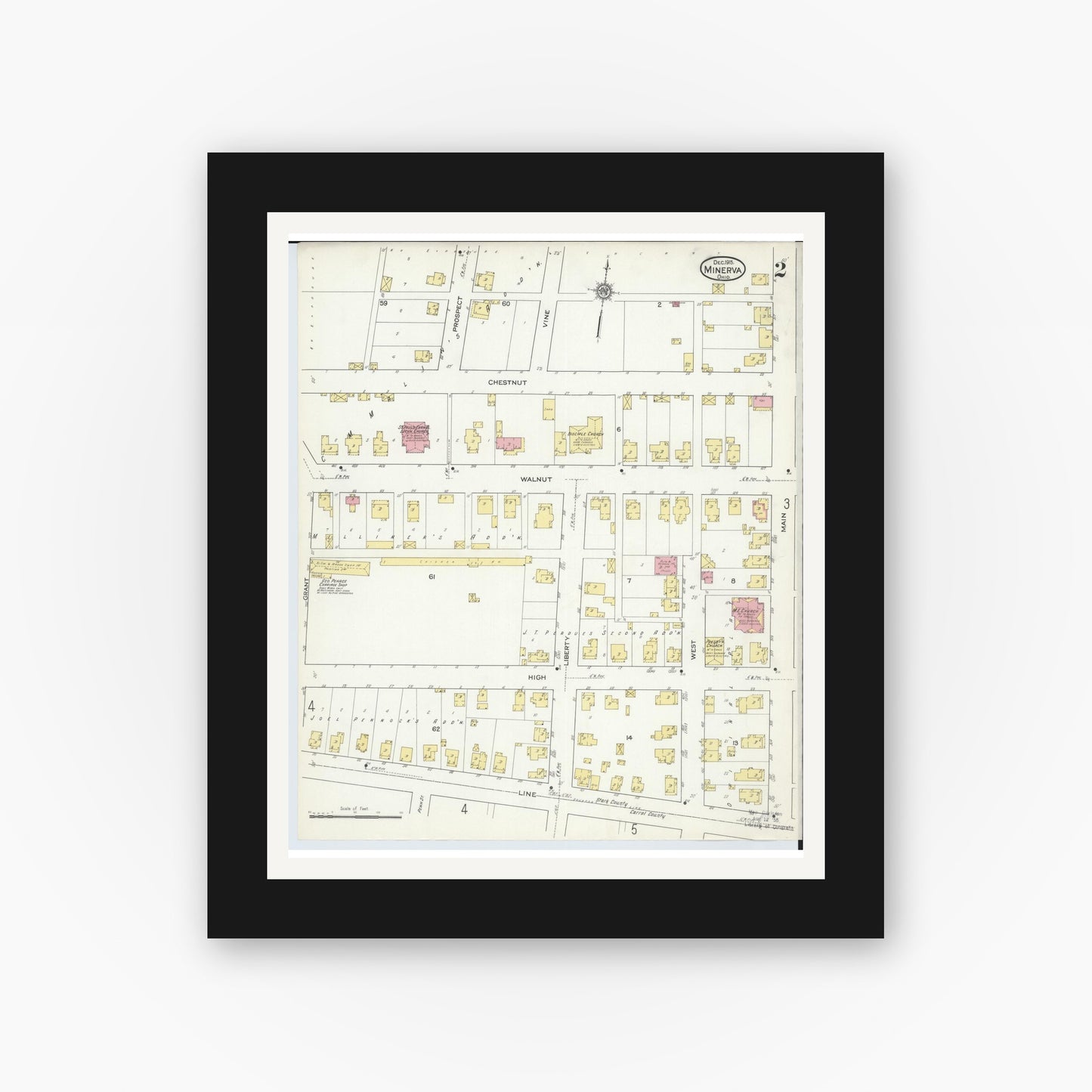 Old map wall art mockup — black gallery frame with white mat — Sanborn Fire Insurance Map from Minerva, Stark And Carroll Counties, Ohio (1915), Sheet #0002