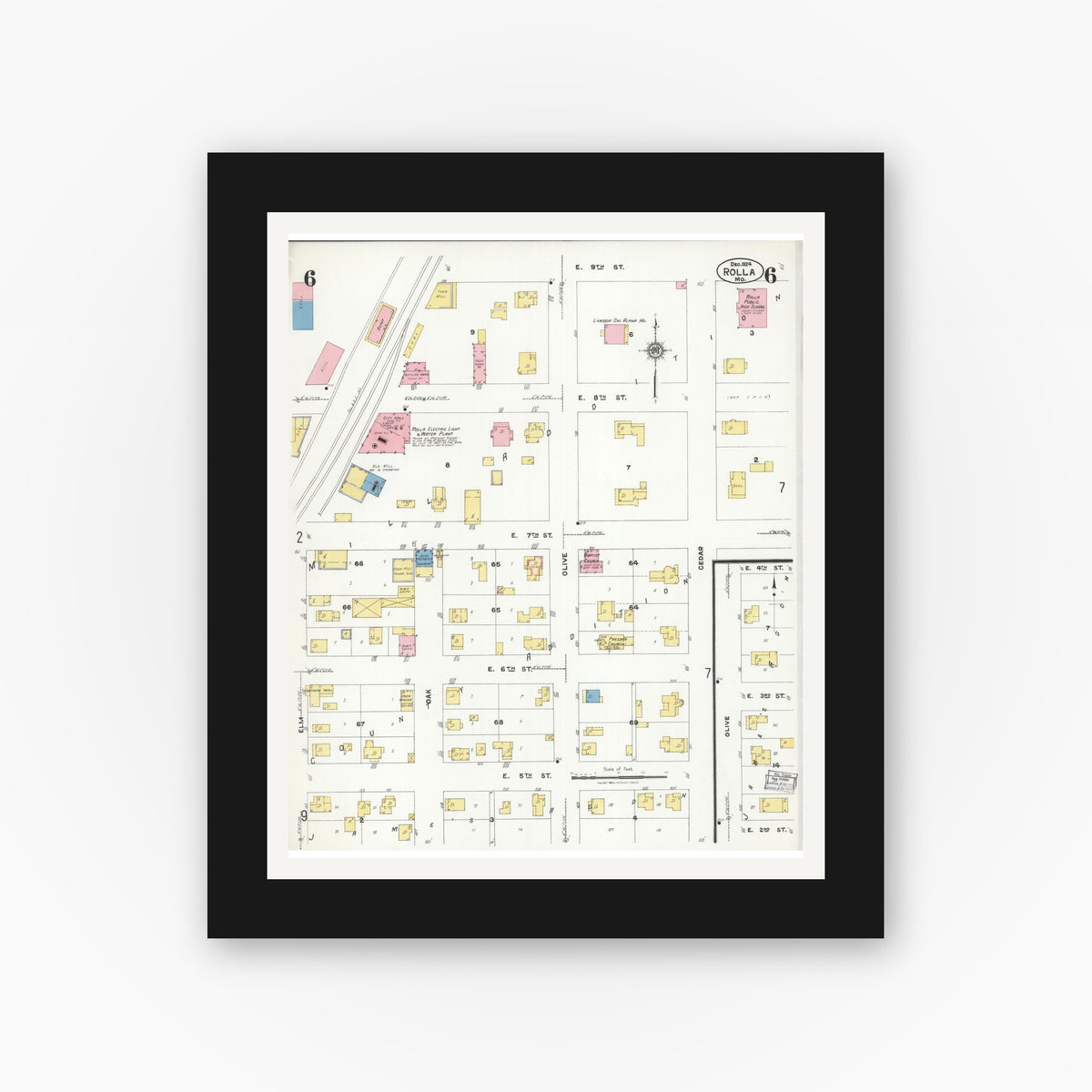 Old map wall art mockup — black gallery frame with white mat — Sanborn Fire Insurance Map from Rolla, Phelps County, Missouri (1924), Sheet #0006