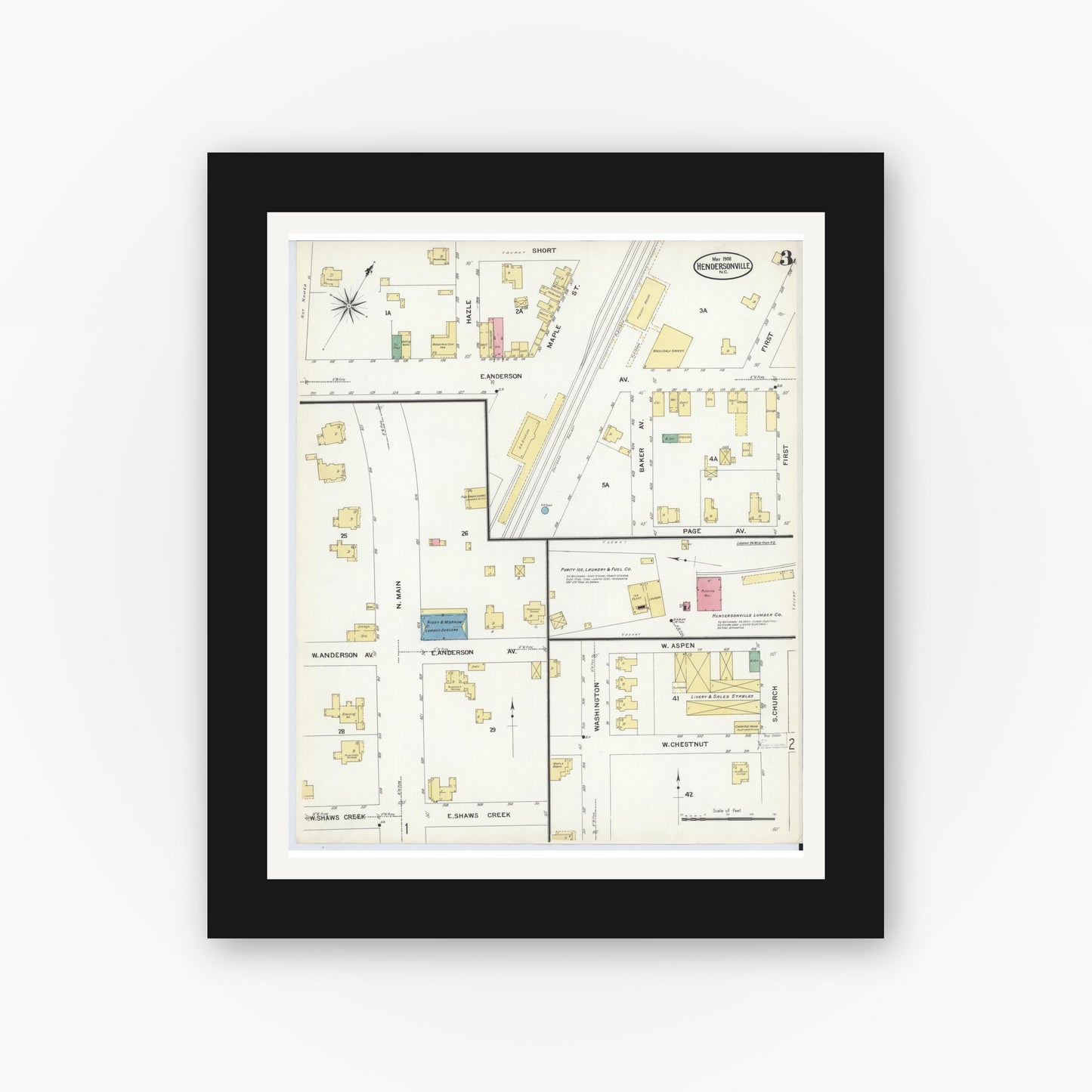 Old map wall art mockup — black gallery frame with white mat — Sanborn Fire Insurance Map from Hendersonville, Henderson County, North Carolina (1908), Sheet #0003