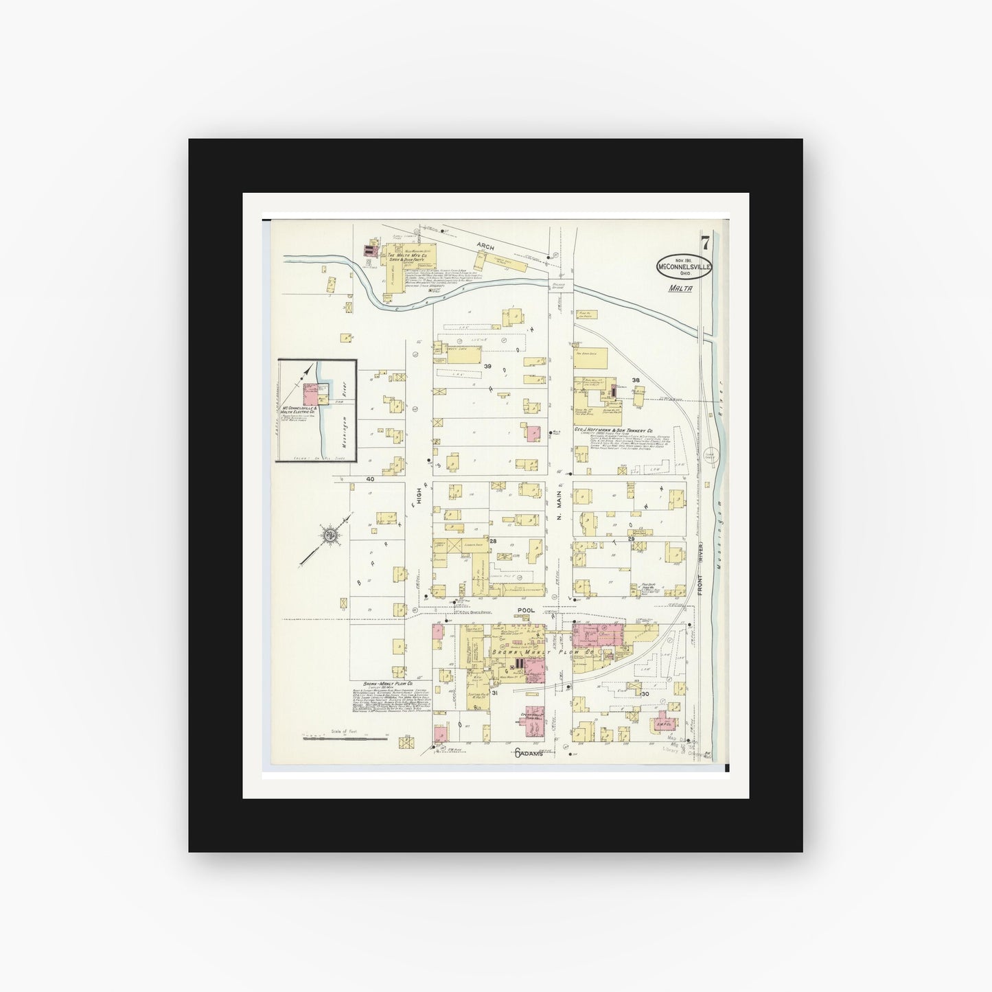 Old map wall art mockup — black gallery frame with white mat — Sanborn Fire Insurance Map from McConnelsville, Morgan County, Ohio (1911), Sheet #0007