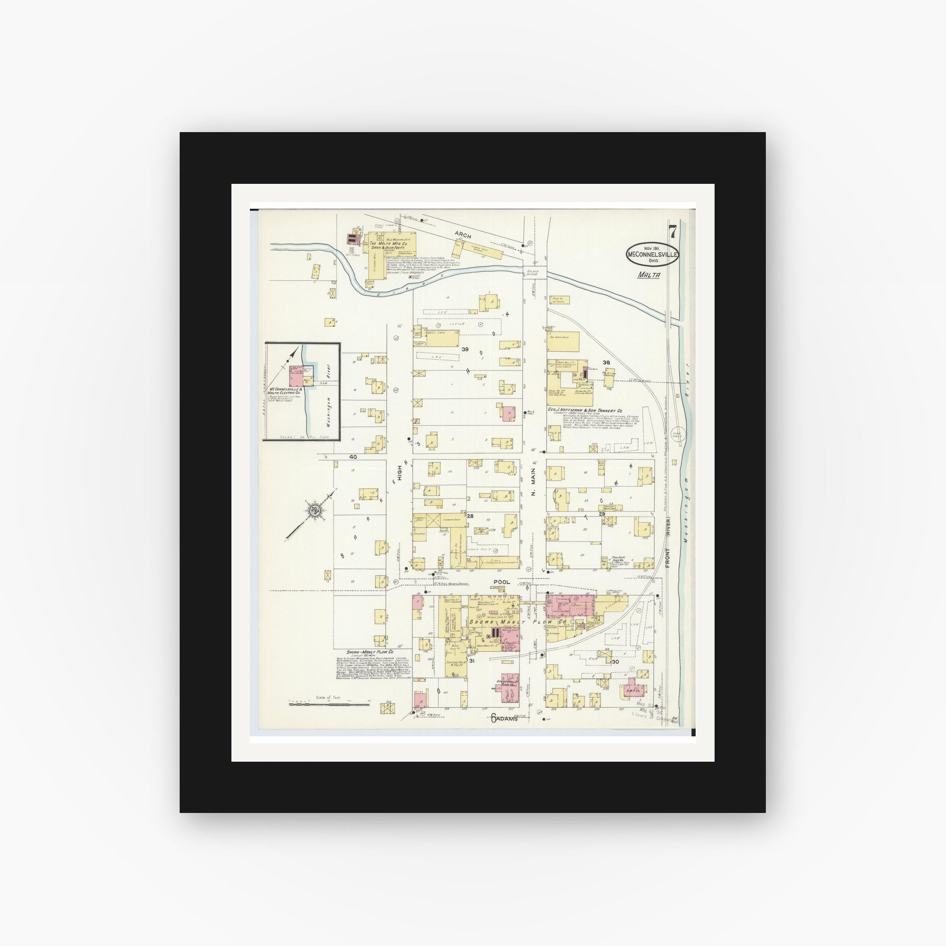 Old map wall art mockup — black gallery frame with white mat — Sanborn Fire Insurance Map from McConnelsville, Morgan County, Ohio (1911), Sheet #0007