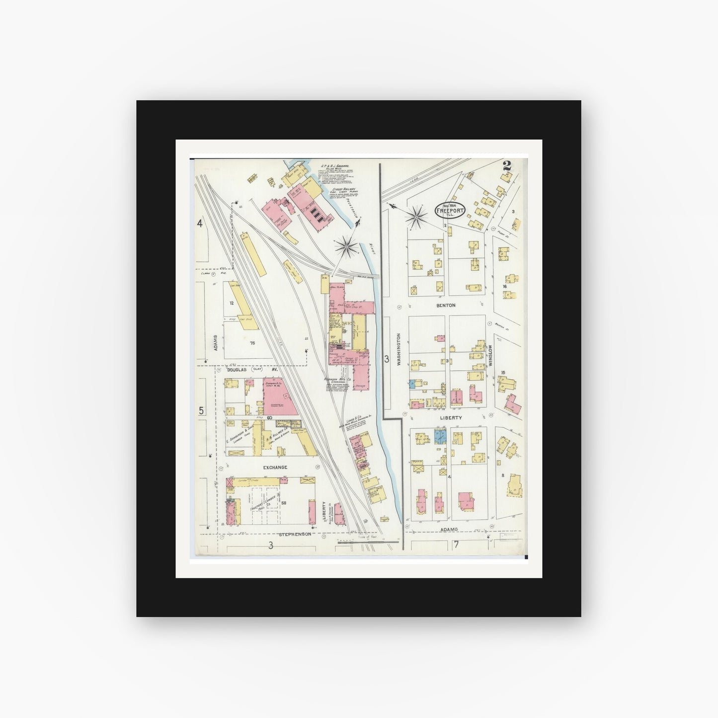 Old map wall art mockup — black gallery frame with white mat — Sanborn Fire Insurance Map from Freeport, Stephenson County, Illinois (1904), Sheet #0002